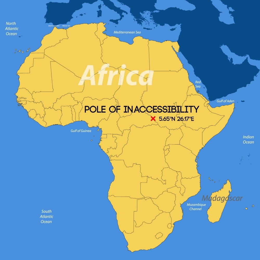 Карта, що показує африканський полюс недоступності