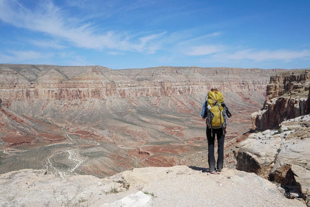 Жінка стоїть спиною до камери та дивиться на пустельний каньйон Аризони з рюкзаком рюкзак