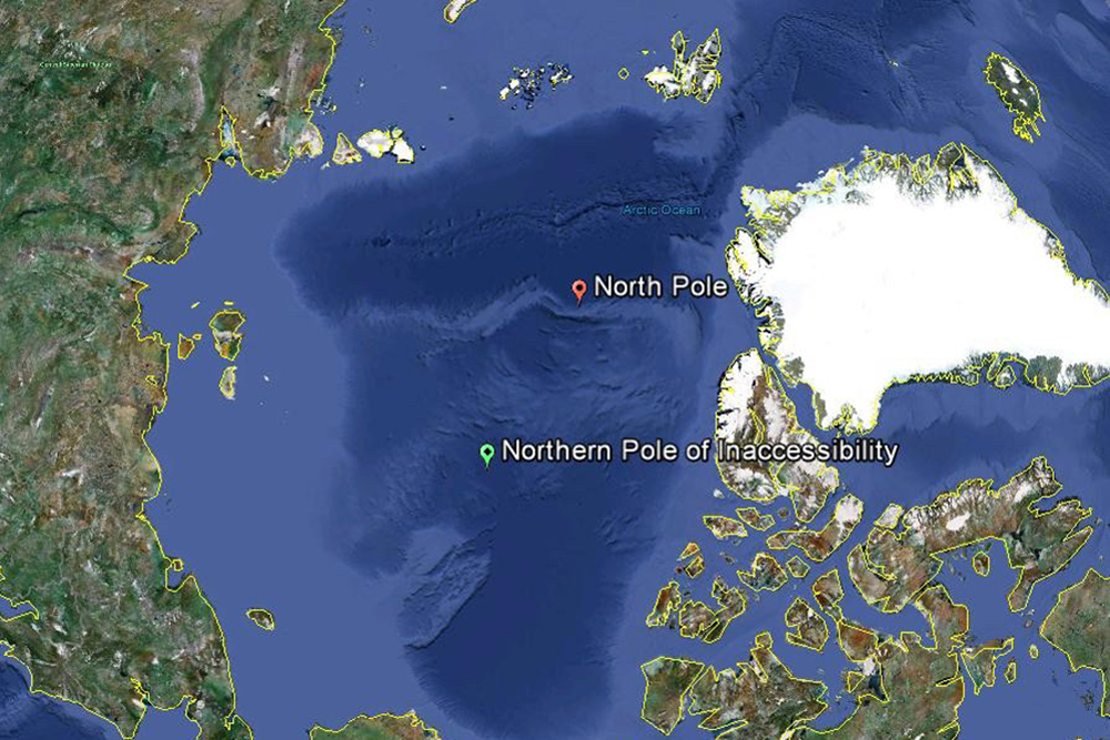 Карта, що показує північний полюс і північний полюс недоступності