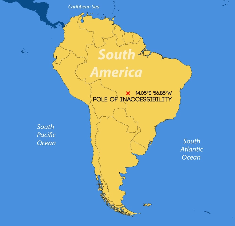 Карта, що показує південноамериканський полюс недоступності