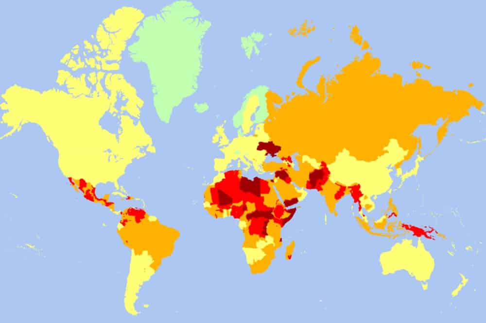 кодований кольором карта найнебезпечніших країн світу для відвідування