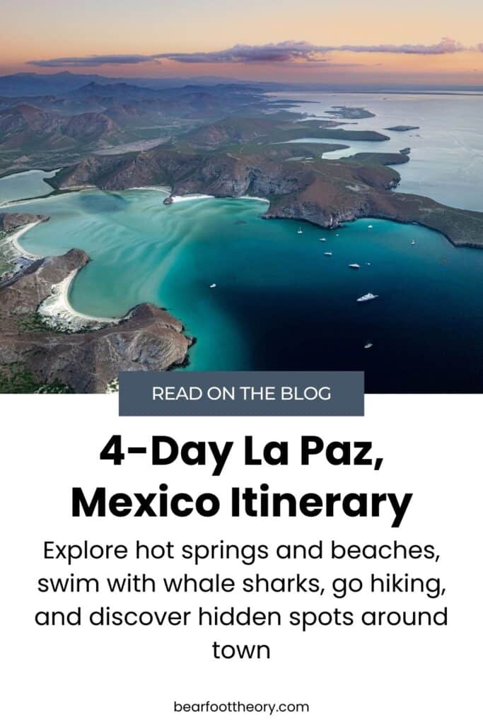 Зображення, яке можна закріпити, із аерофотозйомка берегової лінії Ла-Пас Мексика. У тексті написано «Читайте в блозі — 4-денний маршрут Ла-Пас Мексика — досліджуйте гарячі джерела та пляжі, плавайте з китовими акулами, вирушайте в походи тощо» /><img loading=