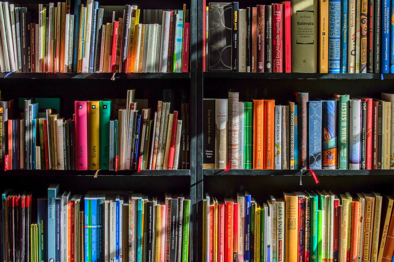 vícebarevné knihy v knihovně, police v knihovně