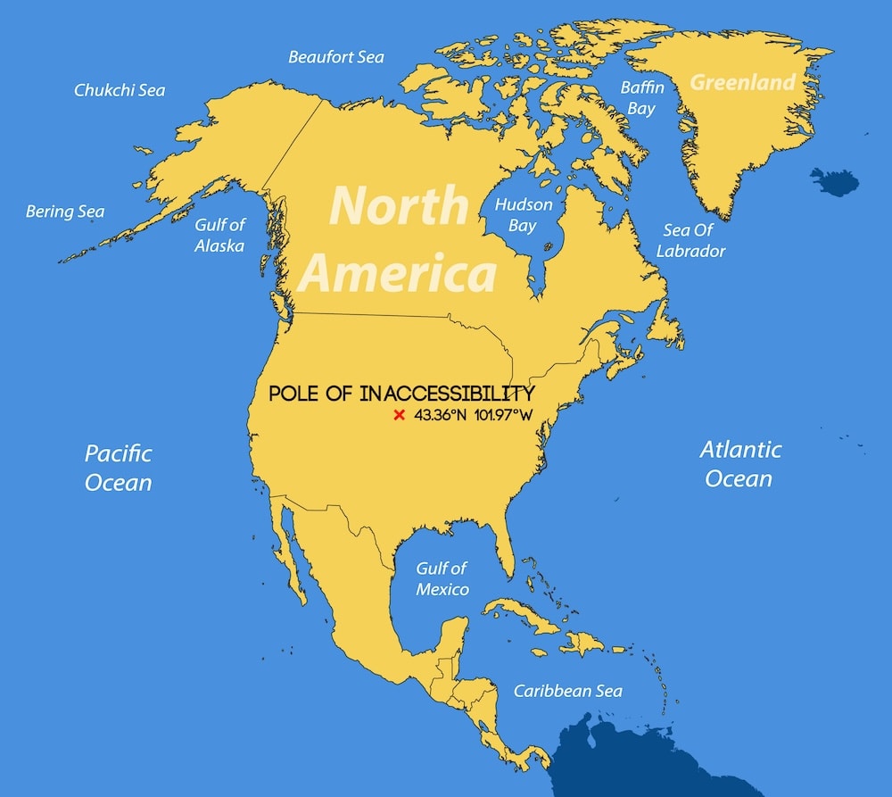 Карта, що показує північноамериканський полюс недоступності